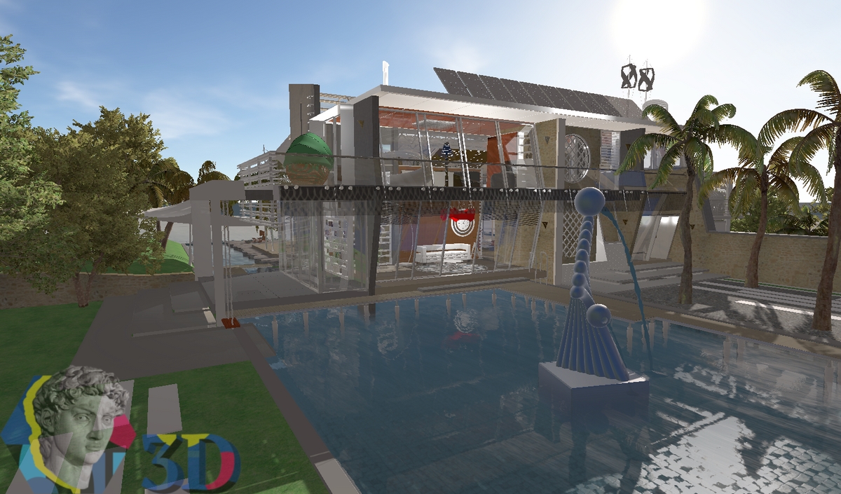 Трехмерное моделирование экстерьера виллы и пространства дворика с бассейном